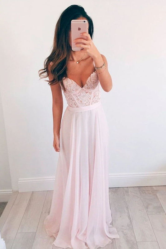 Baby Pink V-neck Chiffon Long Prom Dress Evening Dress With Lace GP82