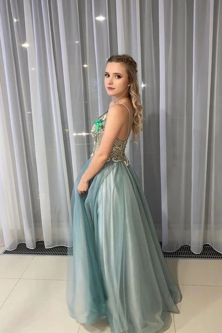 A-Line Tulle Long Prom Dress Beading Bodice With Spaghetti Straps GP93