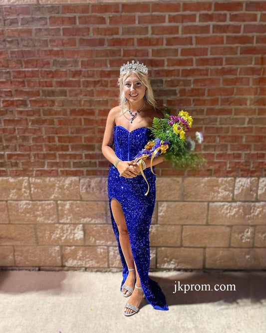 Vestidos de fiesta largos con lentejuelas azul real y sirena brillante con abertura