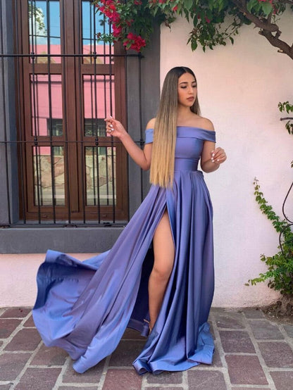 Vestidos de fiesta largos sencillos con hombros descubiertos, vestidos de noche con aberturas laterales 