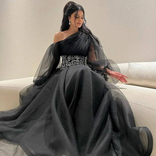 Vestidos de noche elegantes negros, vestidos formales de manga larga con cuentas en la cintura