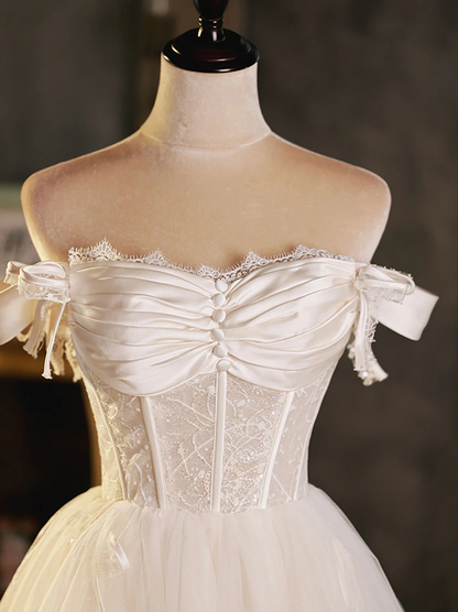 Vintage White Lace Off-the-shoulder Design A-line Tulle Party Dress Homecoming Dress TP4069