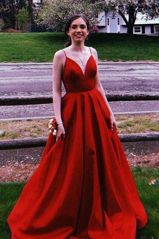 Vestido de fiesta largo sencillo con tirantes finos, vestido formal de noche rojo de satén.