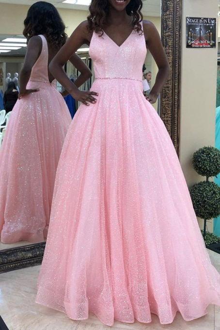 Vestidos de fiesta rosas sin mangas con escote en V brillante, vestido formal largo
