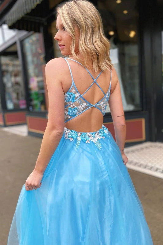 Blue V-neck Lace Appliques Tulle Long Prom Dress With Open Back MP1219