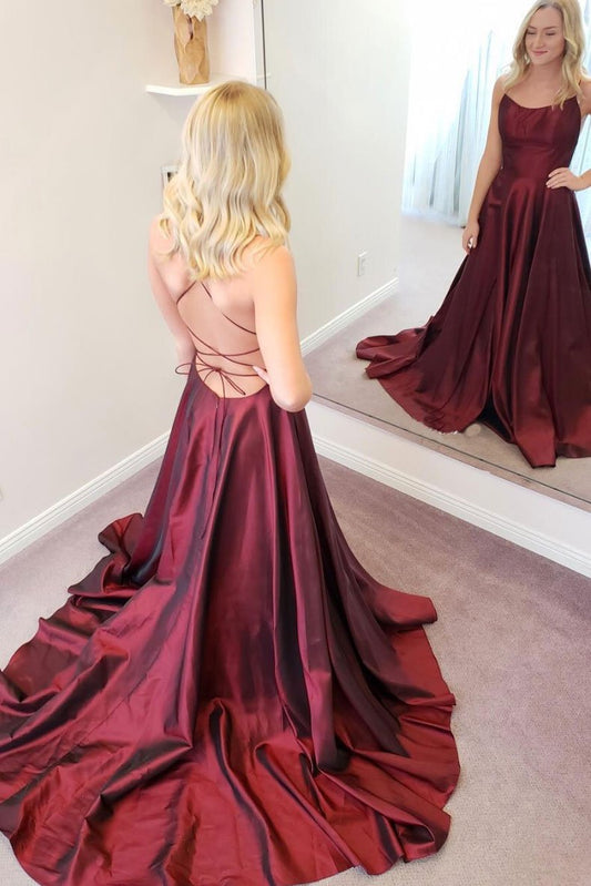 Vestido de fiesta largo de satén burdeos sencillo, vestido formal burdeos