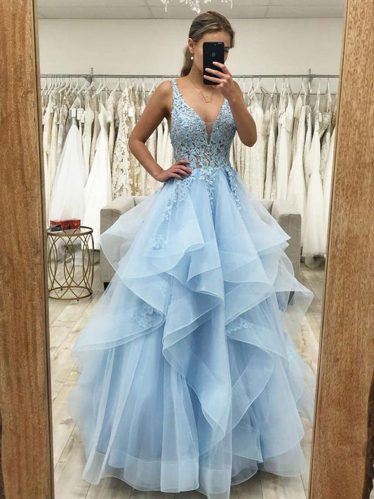 Vestido de fiesta largo de tul con escote en V azul y encaje, vestido de noche azul