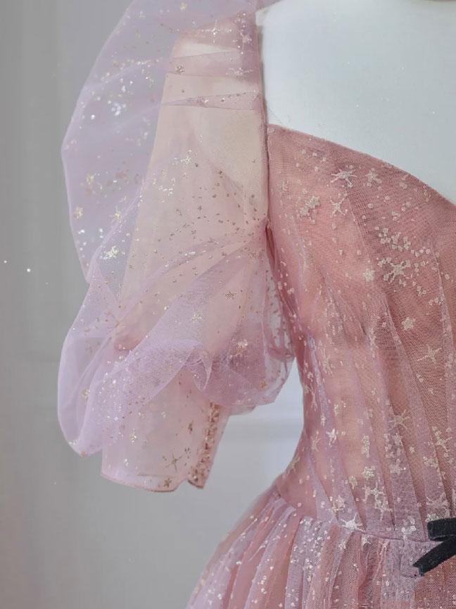 Vestido de fiesta largo de tul con encaje rosa en forma de A, vestido formal de encaje rosa