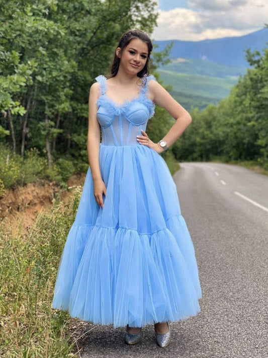 Vestido de fiesta de tul azul con escote en forma de corazón y largo hasta la rodilla, vestido de regreso a casa azul