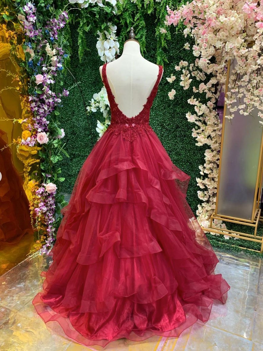 Vestido de fiesta largo de tul con escote en V burdeos y encaje, vestido de noche burdeos