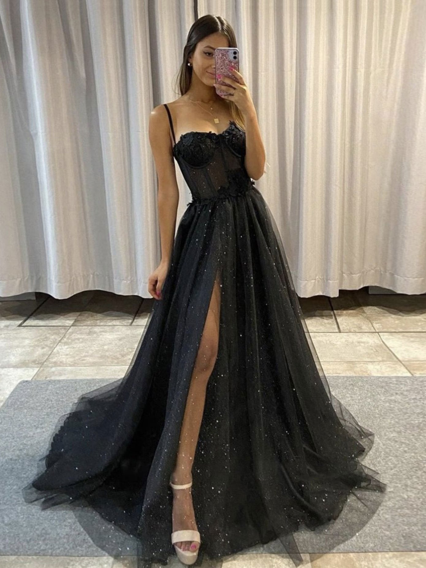 Vestido de fiesta largo de tul con escote corazón negro, vestido de noche de tul negro