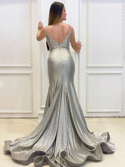 Vestido de fiesta largo de sirena con escote en V gris sencillo, vestido de noche de sirena