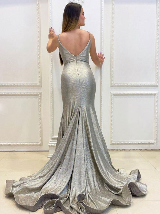 Vestido de fiesta largo de sirena con escote en V gris sencillo, vestido de noche de sirena