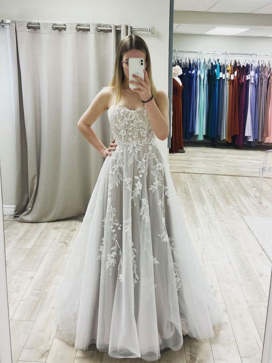 Vestido de fiesta largo de tul gris con encaje, vestido formal de tul gris