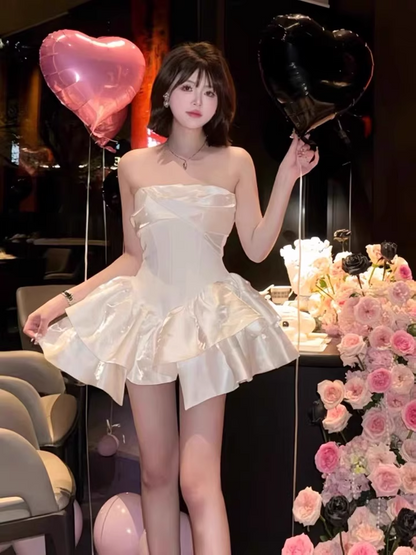 Cute White Strapless Ruffled Hem Design A-line Satin Party Dress Homecoming Dress TP3820