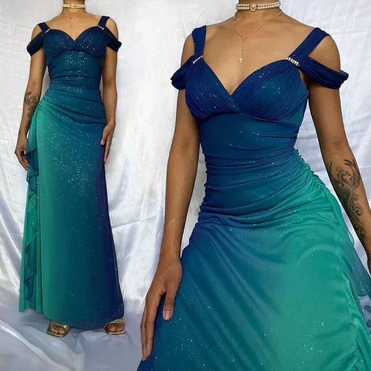 Vestido de noche largo vintage de gasa con degradado azul verdoso brillante y diseño único con tirantes, TP2505