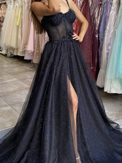 Vestido de fiesta largo de tul con escote corazón negro, vestido de noche de tul negro