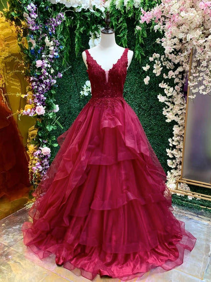 Vestido de fiesta largo de tul con escote en V burdeos y encaje, vestido de noche burdeos