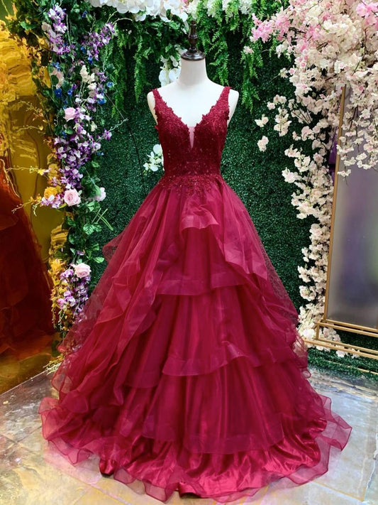 Vestido de fiesta largo de tul con escote en V burdeos y encaje, vestido de noche burdeos