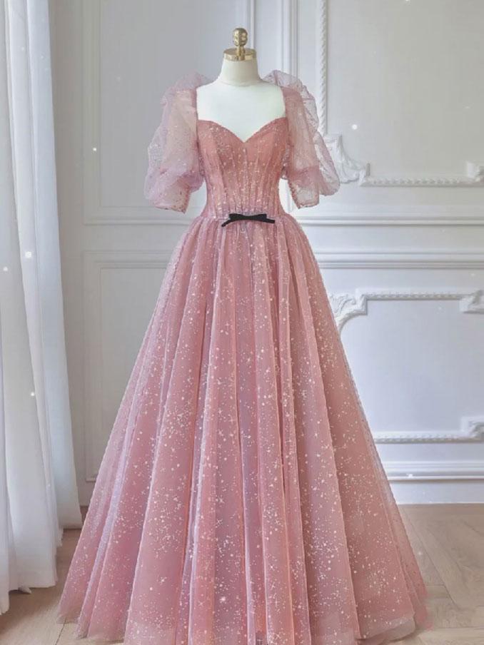 Vestido de fiesta largo de tul con encaje rosa en forma de A, vestido formal de encaje rosa