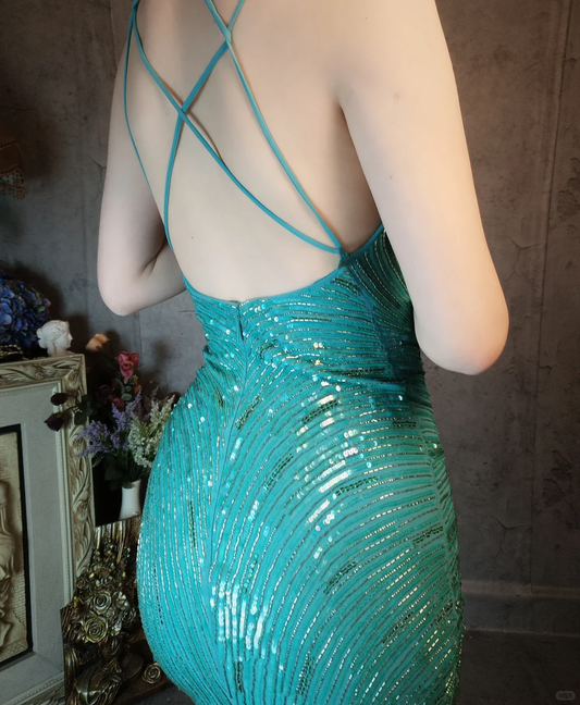 Vintage Blue-green Spaghetti Strap Sparkling Beaded Tassel Design Sheath Short Homecoming Dress TP4024
