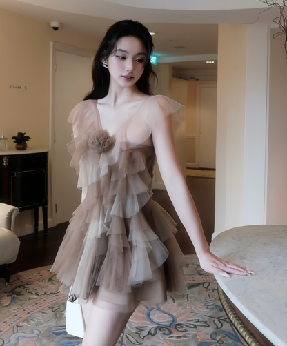 Romantic Brown A Line V Neck Layered Tulle Short Homecoming Dress Cocktail Dress SH3302