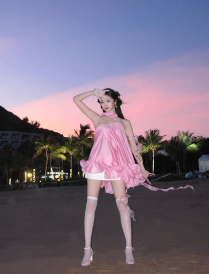Vestido de fiesta corto de satén rosa con volantes, corte A, vestido de cóctel, vestido de bienvenida TP4429