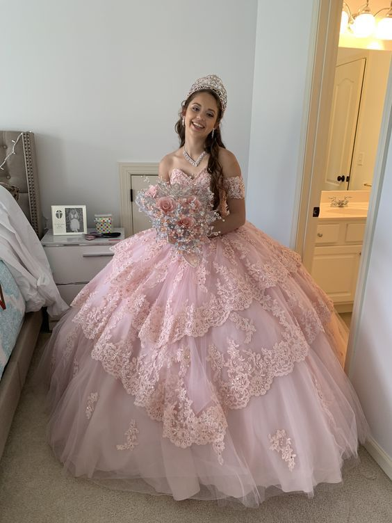 Pink Lace Appliques Ball Gown Sweet 16 Dress Quinceanera Dress SH1074