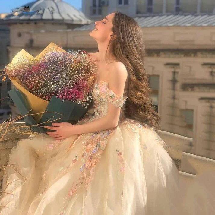 Champagne color gorgeous off shoulder exquisite lace floral applique long elegant ball gown formal evening dress prom dress gh3452