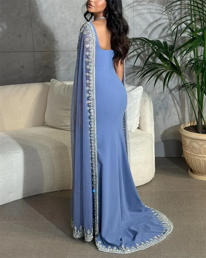 Sparkly  Blue Evening Dresses Cape Long Mermaid Prom Dress Formal Evening Dress Wedding Dress SH945