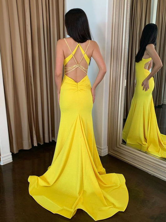 Vestido de fiesta largo sencillo de satén amarillo, vestido de noche largo estilo sirena.