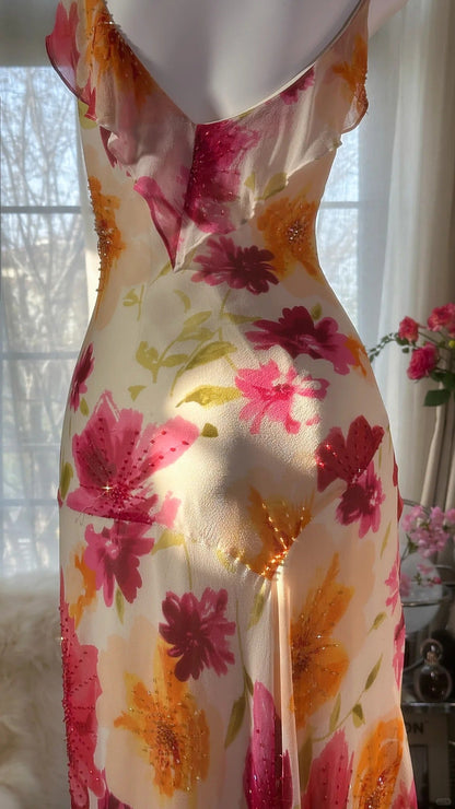 Colorful Romantic Floral Elegant Fashion Exquisite Beaded Long Chiffon Ball Dress Evening Dress Party Dress Valentine's Day Date Dress Wedding Guest Dress gh4007