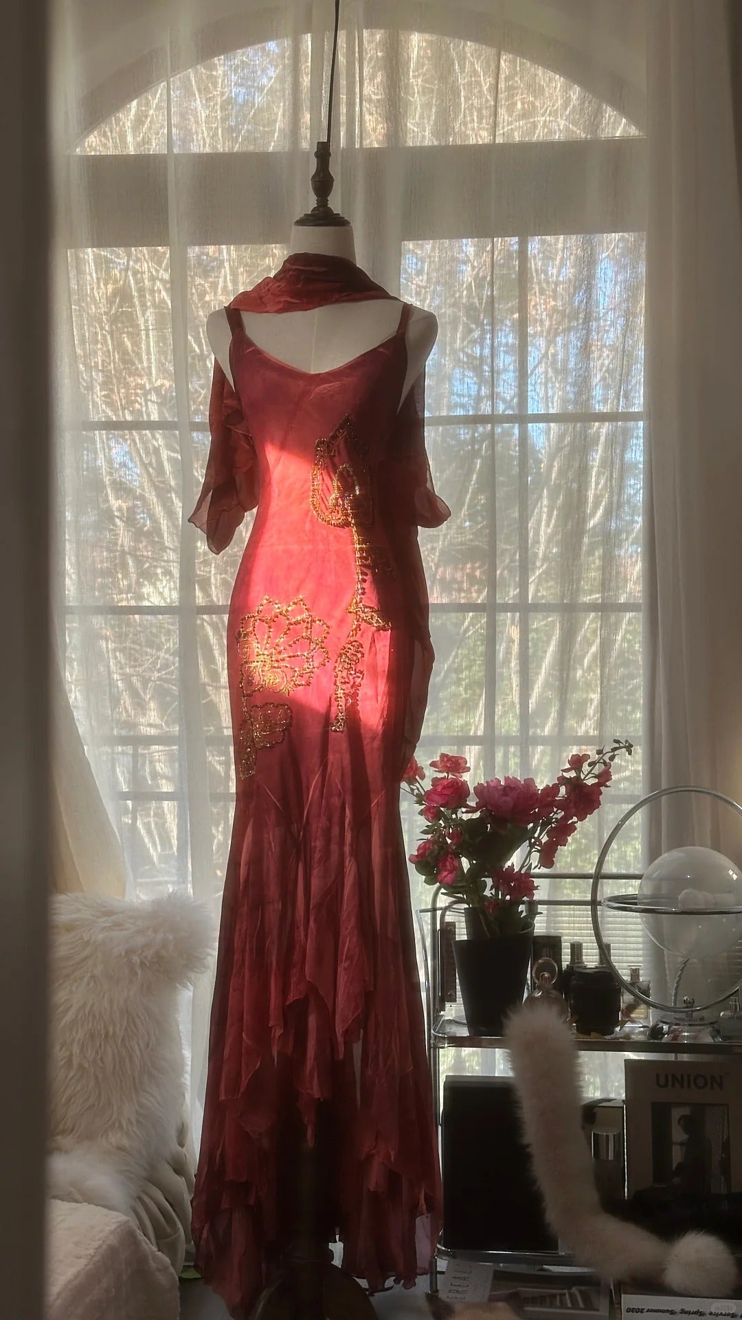 Red Romantic Fashion Elegant Exquisite Lotus Gold Beaded Long Chiffon Fishtail Skirt Mermaid Slim Ball Gown Evening Dress Birthday/Wedding Guest/Holiday Party Dress Prom Dress Valentine's Day Date Dress gh4029