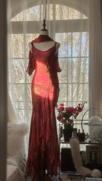 Red Romantic Fashion Elegant Exquisite Lotus Gold Beaded Long Chiffon Fishtail Skirt Mermaid Slim Ball Gown Evening Dress Birthday/Wedding Guest/Holiday Party Dress Prom Dress Valentine's Day Date Dress gh4029