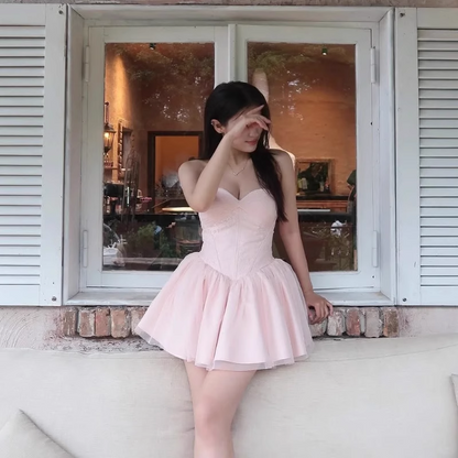Simple Fashion Pink Sweetheart Strapless Design A-line Ruffled Hem Party Dress Homecoming Dress TP3830