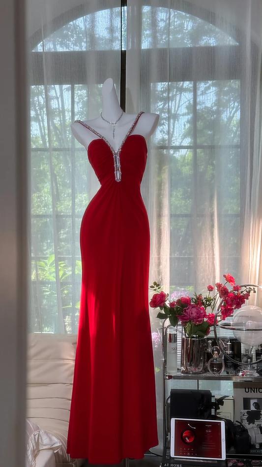 Retro Burgundy Sparkling Sequin Spaghetti Strap Romantic Sweetheart Evening Dress Prom Dresses TP3960