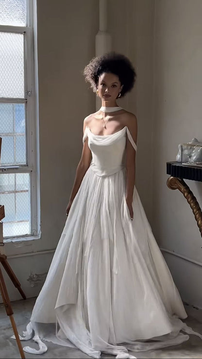Simple A Line Off the Shoulder White Chiffon Long Prom Dress Graduation Prom Dress SH2602