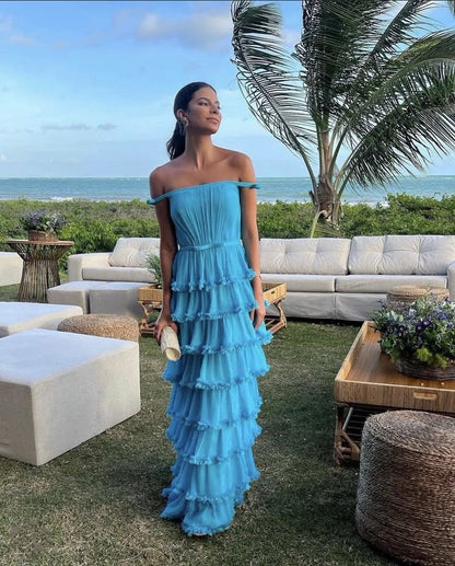 Blue/Yellow Off Shoulder A-Line Tiered Long Chiffon Ball Gown Elegant Ruffle Floor Length Prom Dress Evening Gown Wedding Party Dress gh3656