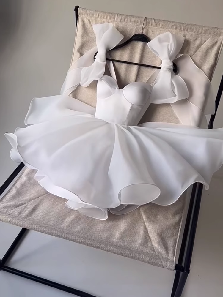 Vestidos de fiesta de tul con corte A y diseño de lazo blanco, TP3841