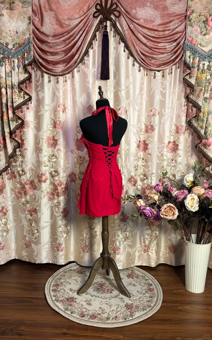 Vestido corto de satén con cuello en V y halter, estilo vintage burdeos, con cuentas, para el regreso a casa, TP3915