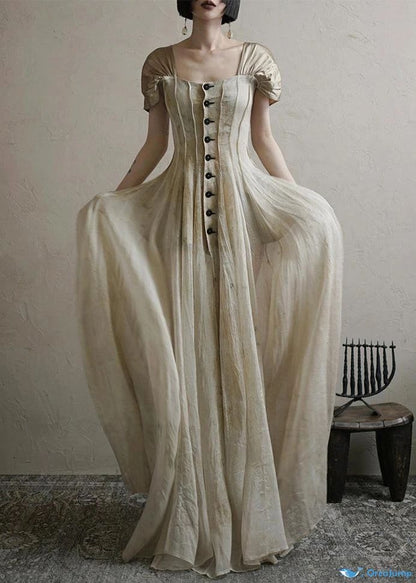 shopuniqlos-New Retro Elegant Square Neck Summer New Long Chiffon Prom Dress Evening Dress Retro Wedding Bridesmaid Dress gh5251