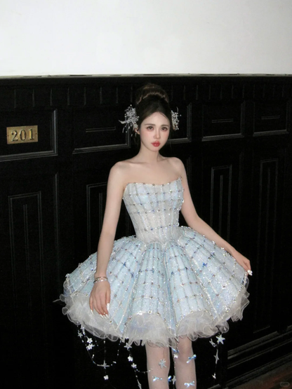 Hermoso vestido de fiesta azul claro brillante con lentejuelas, corte A, sin tirantes, con capas, vestido de regreso a casa TP4238