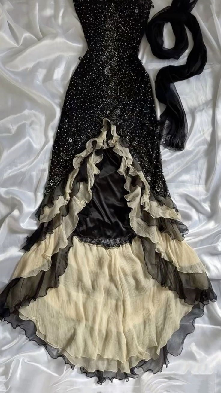 Black Sparkly Elegant Ruffled Tulle Long Sequin Ball Gown Prom Dress Evening Gown Party Dress gh3141