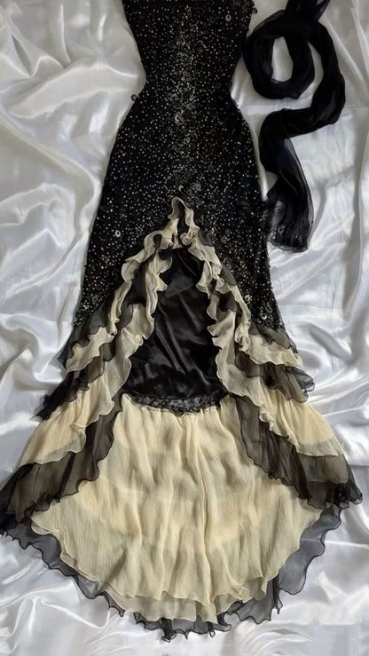 Black Sparkly Elegant Ruffled Tulle Long Sequin Ball Gown Prom Dress Evening Gown Party Dress gh3141