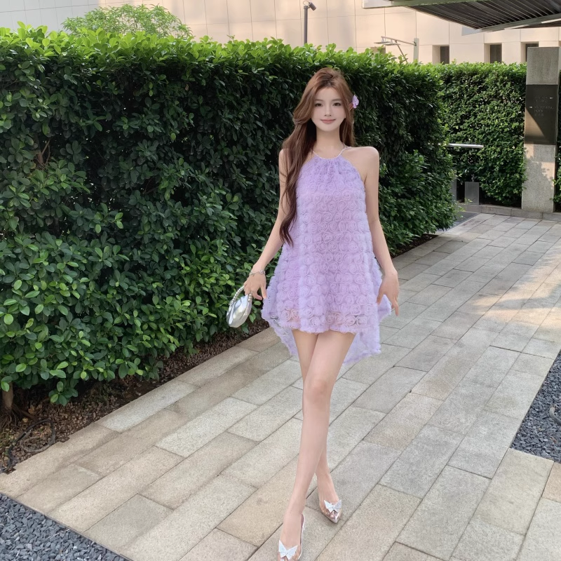 Fashion Purple 3D Flowers Tulle Design A-line Halter Homecoming Dress TP3707