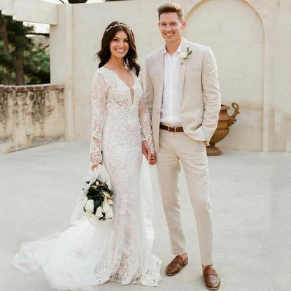 Vestido de novia blanco de manga larga para playa, vestido de novia sirena color marfil
