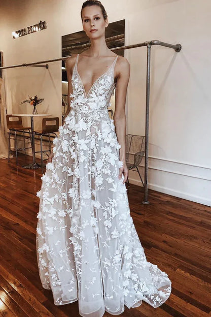 A-Line Floral Applied Long Prom Dress With Illusion V Neck        cg22787