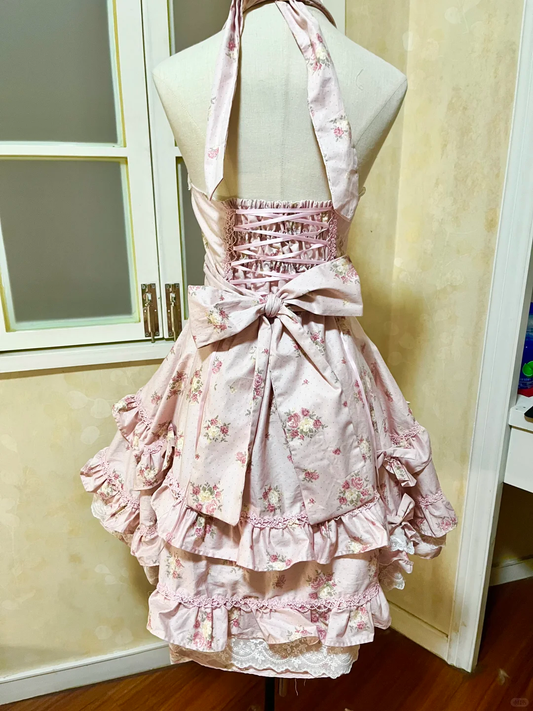 Vintage Pink Floral Halter Dress Design A-Line Elegant Tiered Homecoming Dress Birthday Dress Party Dress TP4171