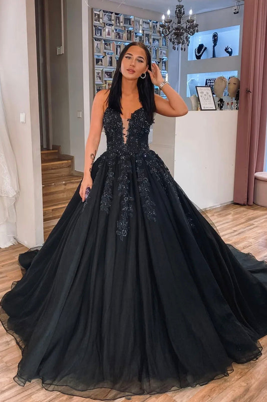 Plunging V-Neck Black Lace Prom Dress, Spaghetti Straps Formal Evening Dress