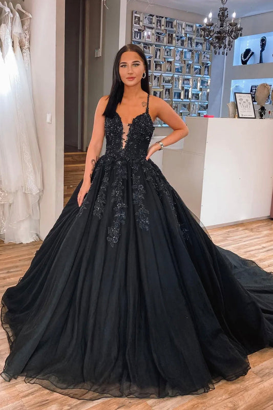 Plunging V-Neck Black Lace Prom Dress, Spaghetti Straps Formal Evening Dress
